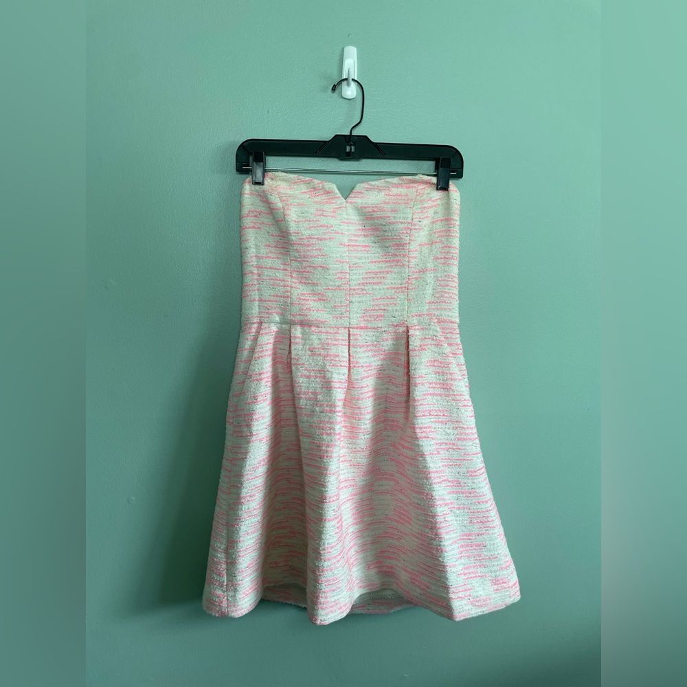 Anthropologie Moulinette Soeurs White Pink Sparkle Tweed Strapless Dress SZ 8